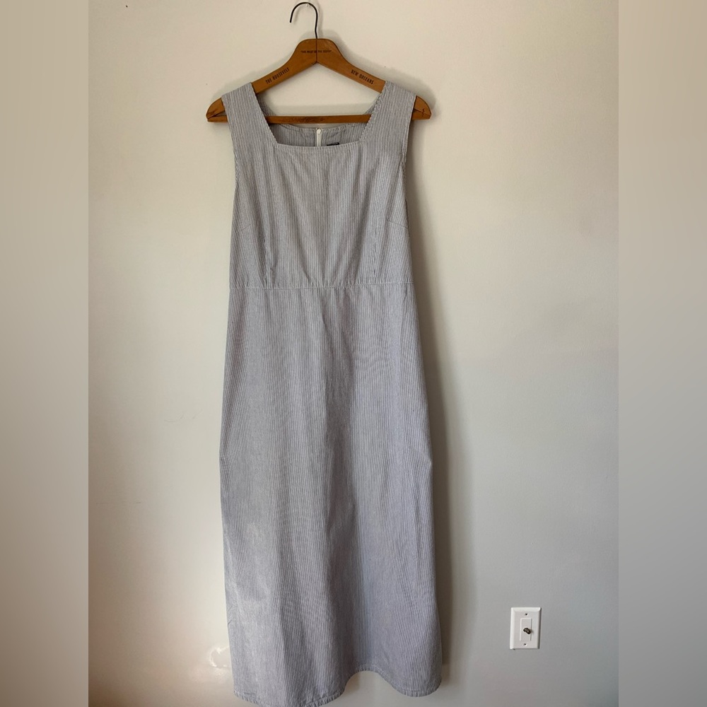 Vintage blue and white pinstriped midi/maxi dress with tie in the back.
